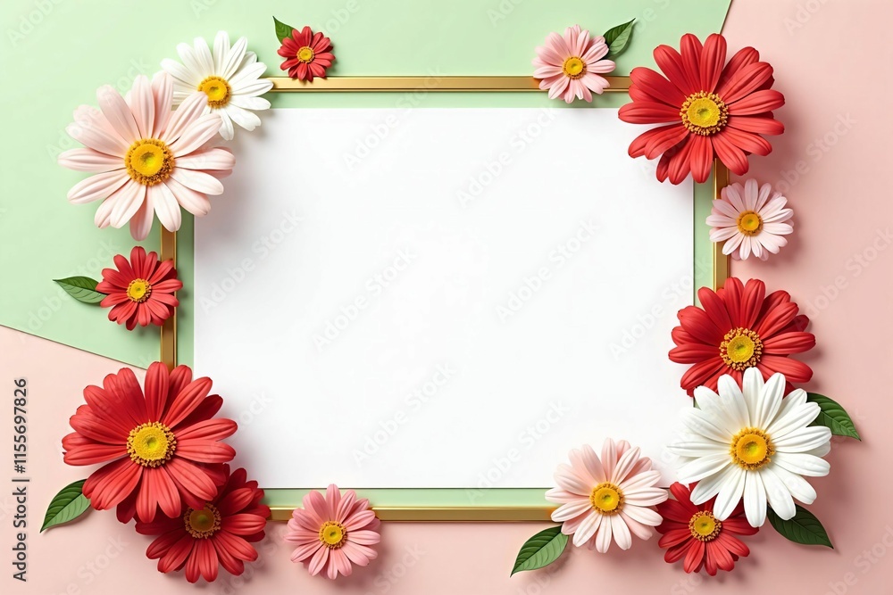 Elegant Floral Frame with Daisies and Cosmos on Soft Pastel Background for Seasonal Designs Elegant Floral Frame with Daisies and Cosmos on Soft Pastel Background for Seasonal Designs