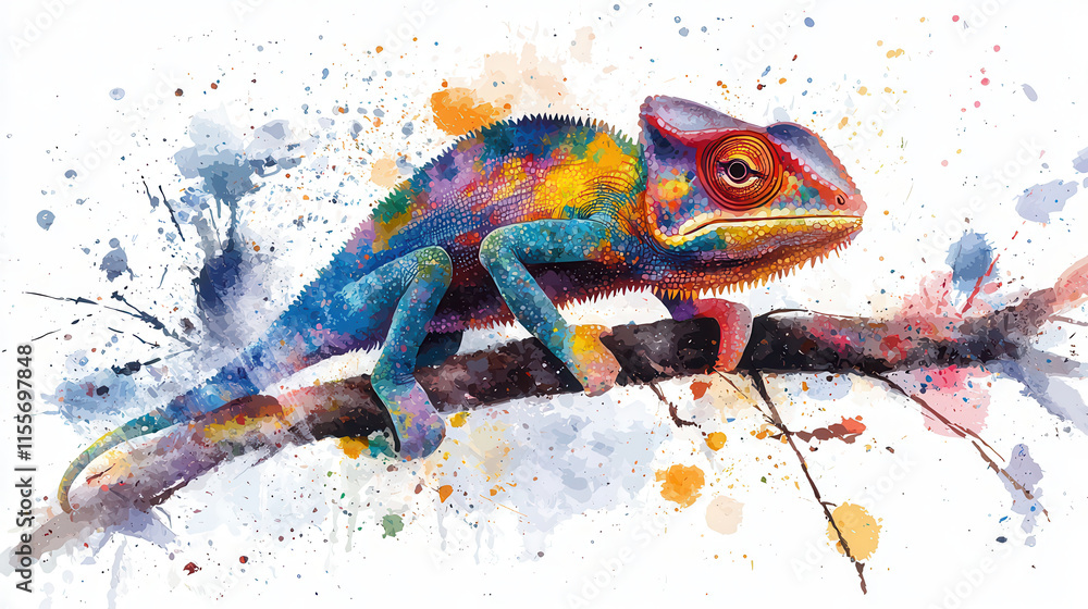Colorful chameleon perched on branch, showcasing vibrant hues and artistic splashes. This stunning artwork captures beauty of nature Colorful chameleon perched on branch, showcasing vibrant hues and artistic splashes. This stunning artwork captures beauty of nature