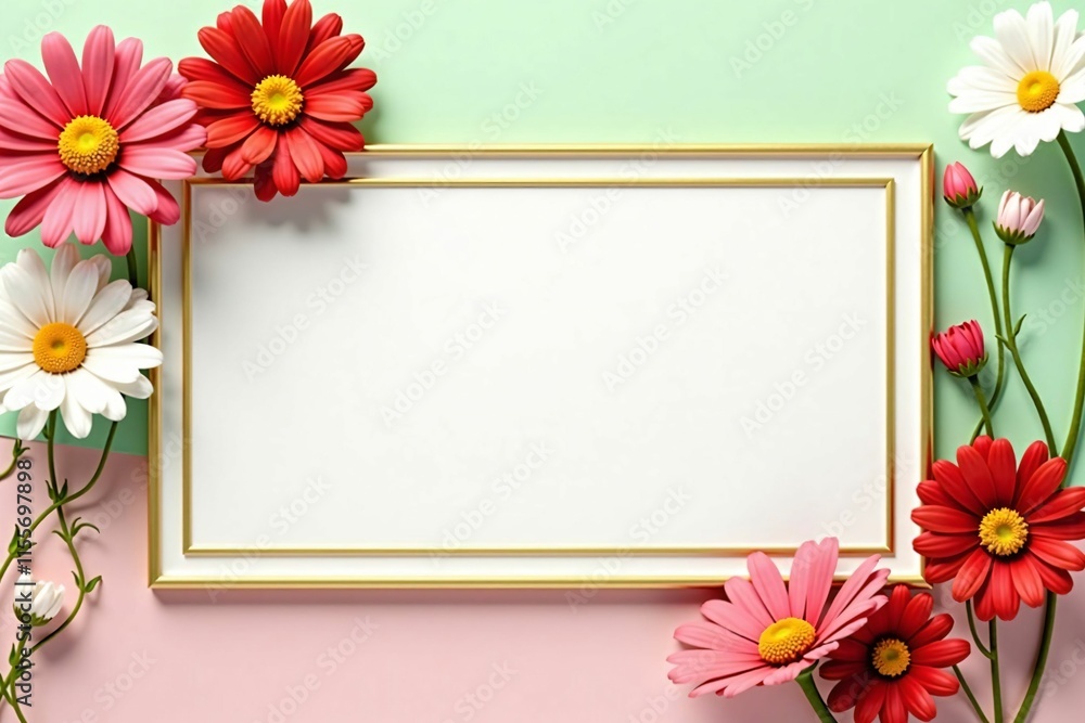 Elegant Floral Frame with Daisies and Cosmos on Soft Pastel Background for Seasonal Designs Elegant Floral Frame with Daisies and Cosmos on Soft Pastel Background for Seasonal Designs