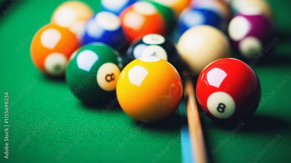 Billiard of particles. Billiard cue and balls consists of dots and circles. Billiard of particles. Billiard cue and balls consists of dots and circles.