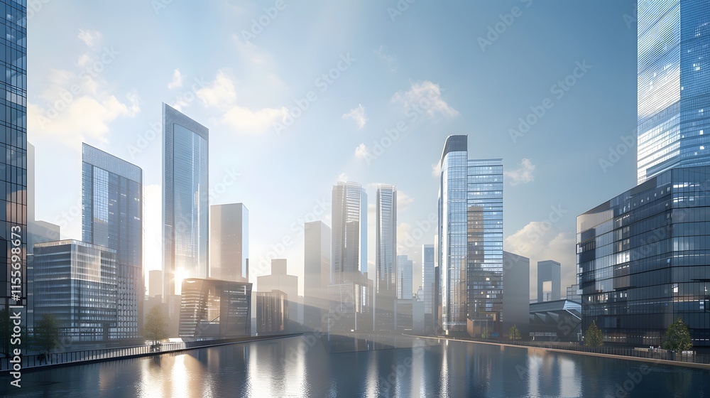 Modern Urban Landscape with Skyscrapers Reflecting in Water Modern Urban Landscape with Skyscrapers Reflecting in Water