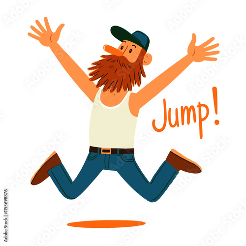 Bearded man joyfully jumping in mid-air