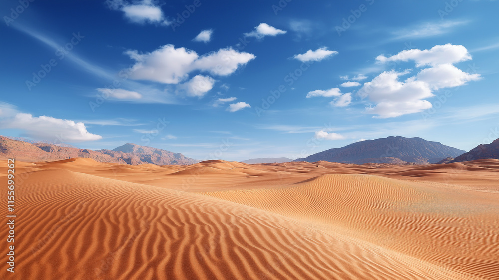 Vast desert landscape with rippling sand dunes and blue sky Vast desert landscape with rippling sand dunes and blue sky