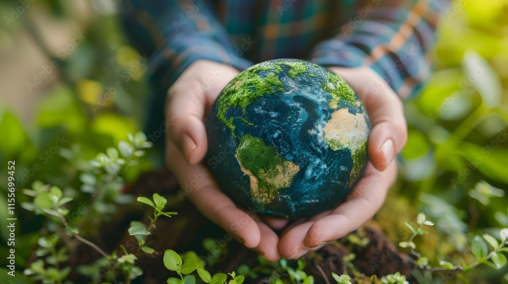 Hands Holding a Small Earth Globe Surrounded by Green Plants Hands Holding a Small Earth Globe Surrounded by Green Plants