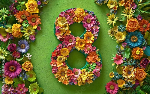 A vibrant floral number 8 designed with multicolored flowers on a neon green background, symbolizing the joy of 8 Ð¼Ð????‚Ð? photo