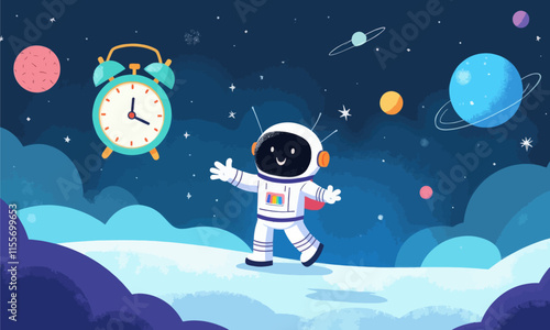 Astronaut in Space with Floating Alarm Clock and Planets