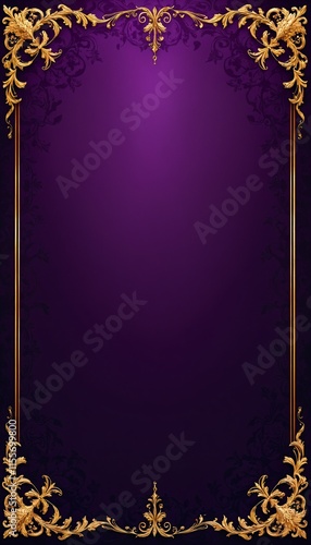 Royal Elegance: Ornate Gold Border on Rich Purple Background with Subtle Damask Patterns for Luxurious Design