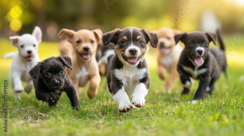 Fototapeta Naklejka Na Ścianę i Meble -  pack of happy dog puppies of various breeds running joyfully on green grass, showcasing their playful nature and excitement in sunny outdoor setting