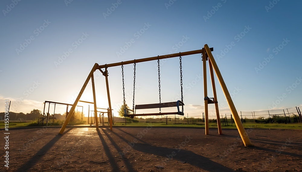 An empty swing in an abandoned playground with melancholic atmosphere An empty swing in an abandoned playground with melancholic atmosphere