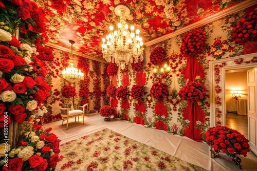 Wallpaper Mural Drone shot reveals stunning red and white floral wallpaper in a wedding venue, AI art. Torontodigital.ca