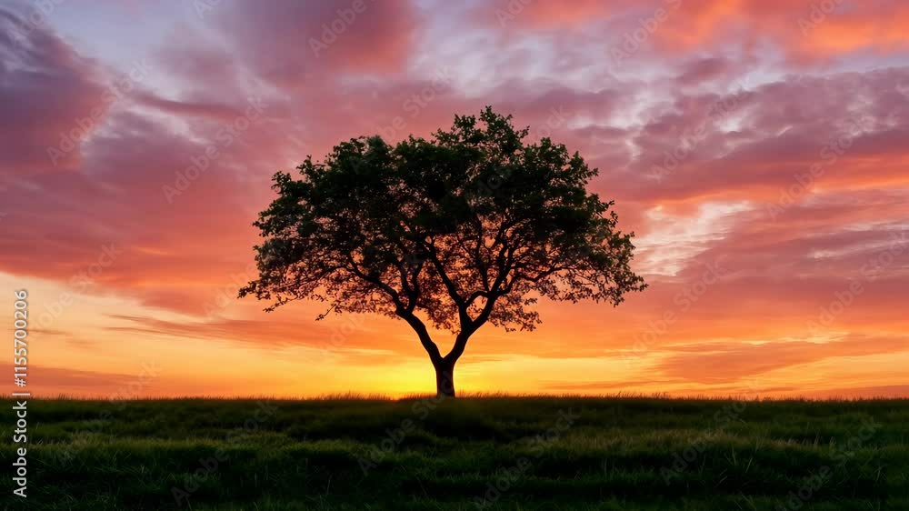 Lone tree at sunset with vibrant sky and clouds, scenic nature landscape. Tranquility and solitude concept Lone tree at sunset with vibrant sky and clouds, scenic nature landscape. Tranquility and solitude concept