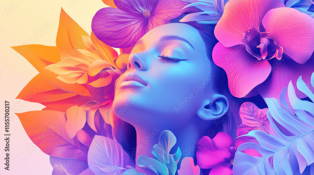 A modern cut-out style image of a serene woman surrounded by abstract geometric floral shapes, vivid pastel color accents, the background is clean white for strong contrast A modern cut-out style image of a serene woman surrounded by abstract geometric floral shapes, vivid pastel color accents, the background is clean white for strong contrast