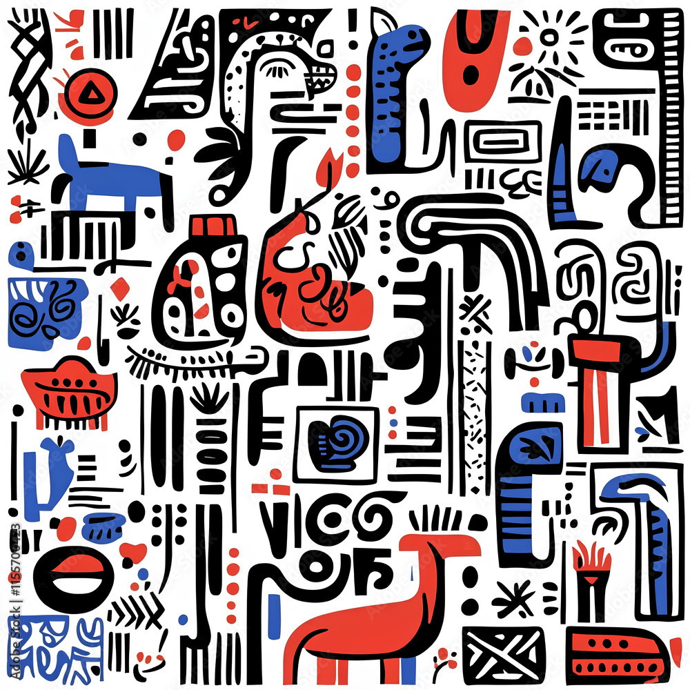 Seamless pattern combining traditional folklore motifs such as floral designs, stylized animals and ethnic symbols. Vibrant colors such as black, white, red and electric blue. Suitable for fashion Seamless pattern combining traditional folklore motifs such as floral designs, stylized animals and ethnic symbols. Vibrant colors such as black, white, red and electric blue. Suitable for fashion