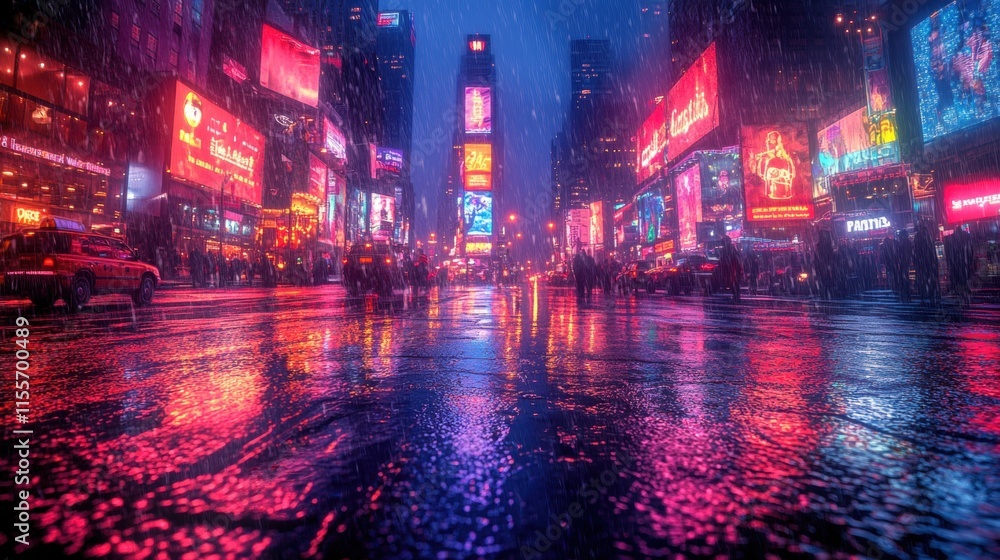 Rainy Night in Times Square: Neon lights reflect on the rain-slicked streets of Times Square, creating a vibrant, almost surreal cityscape. The energy of the city is palpable, even in the downpour. Rainy Night in Times Square: Neon lights reflect on the rain-slicked streets of Times Square, creating a vibrant, almost surreal cityscape. The energy of the city is palpable, even in the downpour.