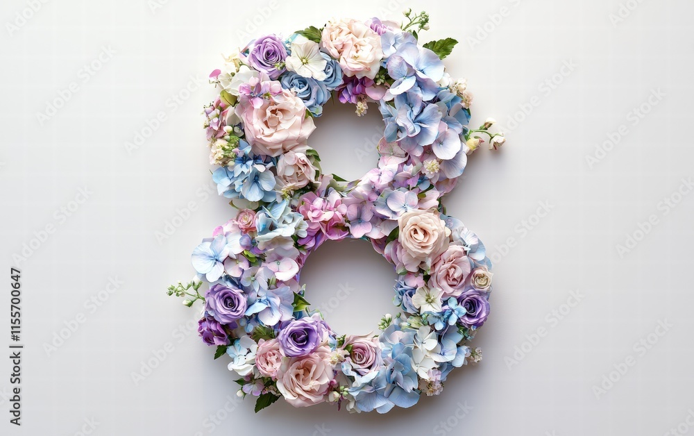 An intricate floral number 8 arrangement with soft pastel blooms on a smooth white background and subtle 8 March lettering An intricate floral number 8 arrangement with soft pastel blooms on a smooth white background and subtle 8 March lettering