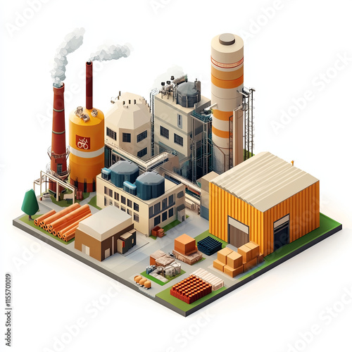 Isometric tiny factory with various raw materials and industrial structures