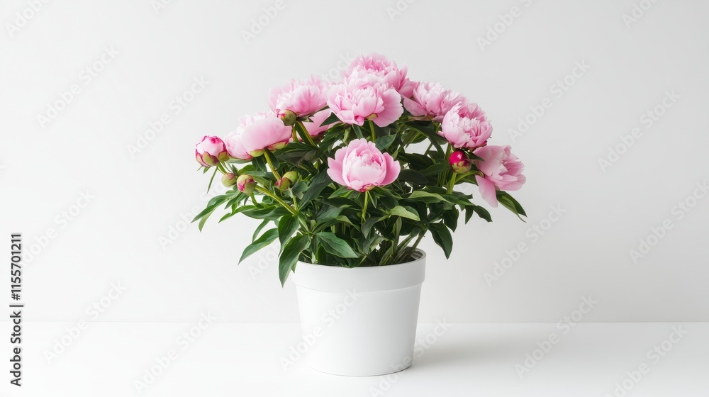 Pink peonies in a white pot on a white background. Pink peonies in a white pot on a white background.