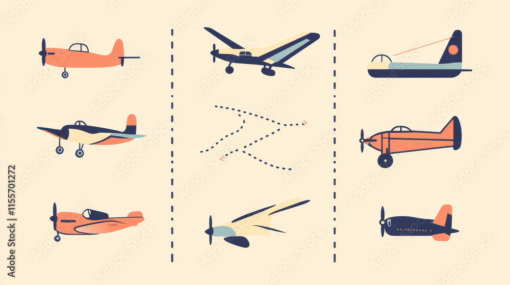 A vector set of icons depicting an old aircraft's flight route, complete with a starting point and a dashed line trajectory. A vector set of icons depicting an old aircraft's flight route, complete with a starting point and a dashed line trajectory.