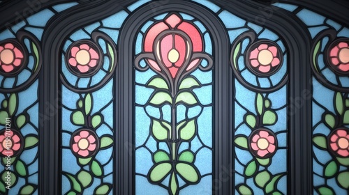 Stained glass window featuring floral designs in vibrant colors.