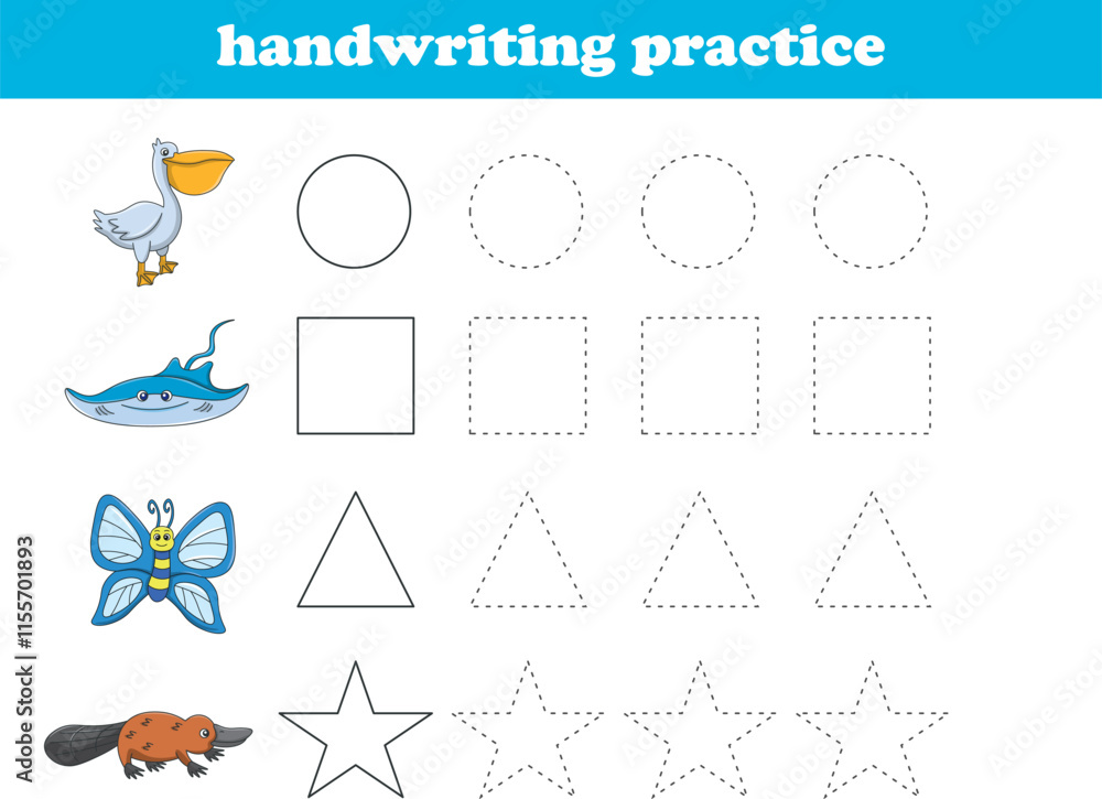 Handwriting Practice. Tracing lines of different shape for kids with animals. Vector Illustration Handwriting Practice. Tracing lines of different shape for kids with animals. Vector Illustration
