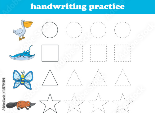 Handwriting Practice. Tracing lines of different shape for kids with animals. Vector Illustration