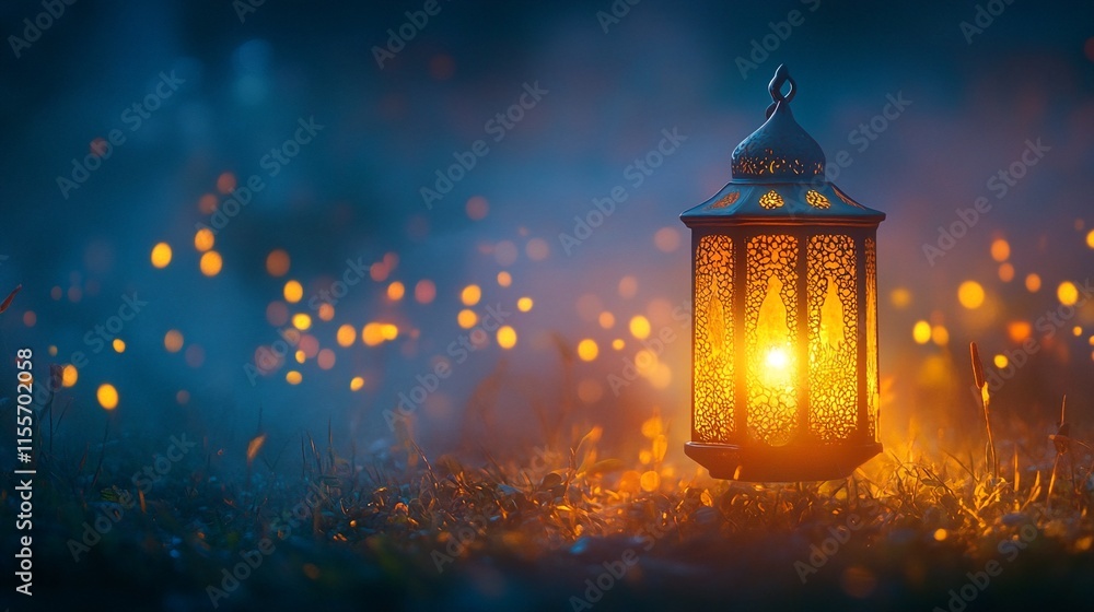 A Lantern Glows Warmly in the Middle of an Overgrown Field at Night. A Lantern Glows Warmly in the Middle of an Overgrown Field at Night.