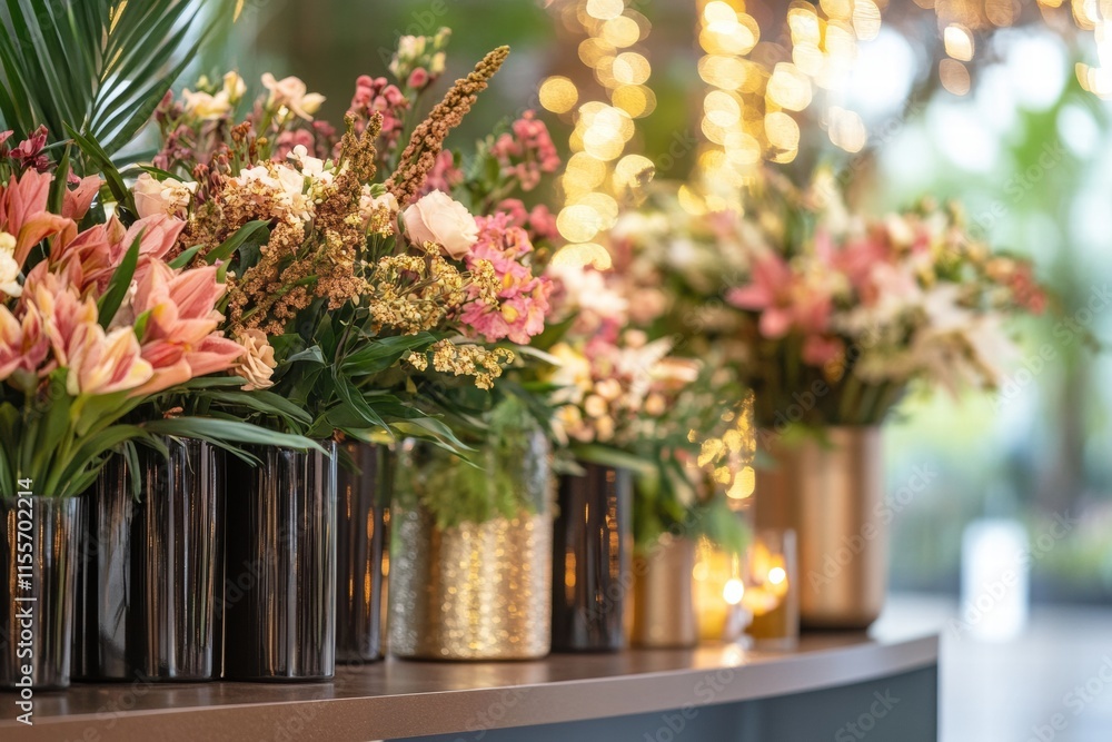 Fototapeta premium Stylish storefront display showcasing colorful flowers in elegant glass vases. Generative AI