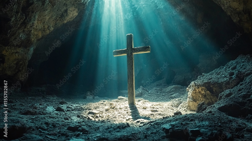 Naklejka premium A crucifix stands alone within a cave, bathed in divine light.