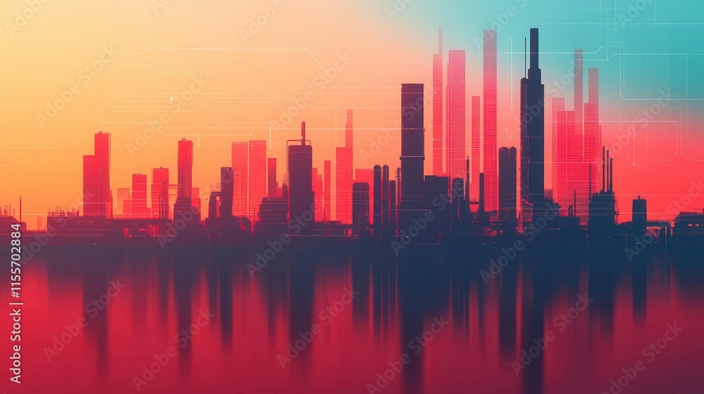 A futuristic refinery concept with digital infrastructure management systems, representing the next generation of oil production facilities A futuristic refinery concept with digital infrastructure management systems, representing the next generation of oil production facilities
