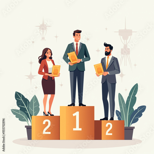 People standing on podium receiving top three, employee recognition and competition winners, business style design vector illustration.