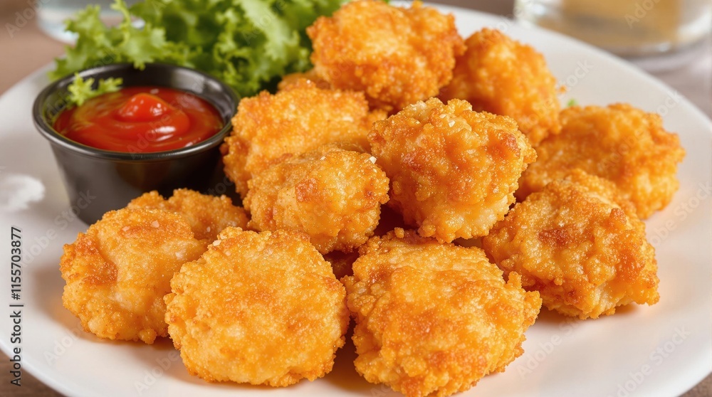 Crispy golden fish nuggets served on a clean white plate, paired with vibrant red ketchup, styled for bright and modern creative food photography Crispy golden fish nuggets served on a clean white plate, paired with vibrant red ketchup, styled for bright and modern creative food photography