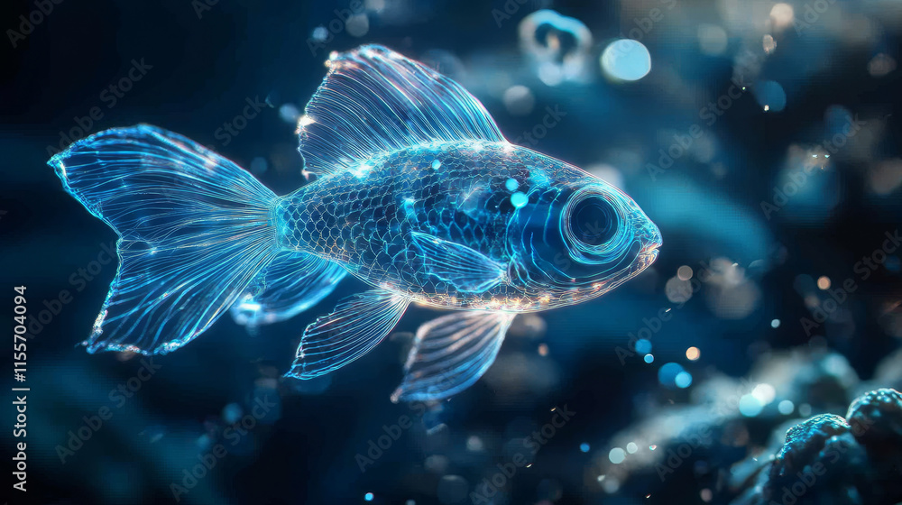 Hologram ocean fish. A holographic projection of the marine fish. Flickering energy flux of particles. Scientific design animals. Hologram ocean fish. A holographic projection of the marine fish. Flickering energy flux of particles. Scientific design animals.
