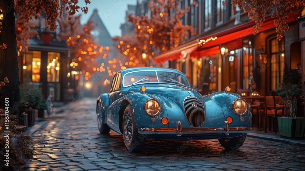 Fototapeta premium Classic blue car parked on cobblestone street in charming european town at dusk