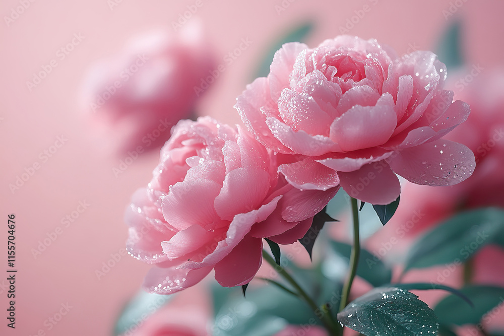 Obraz premium Bouquet of pink peonies roses on a pastel pink background.