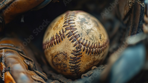 Old and dirty baseball rests in worn leather glove photo