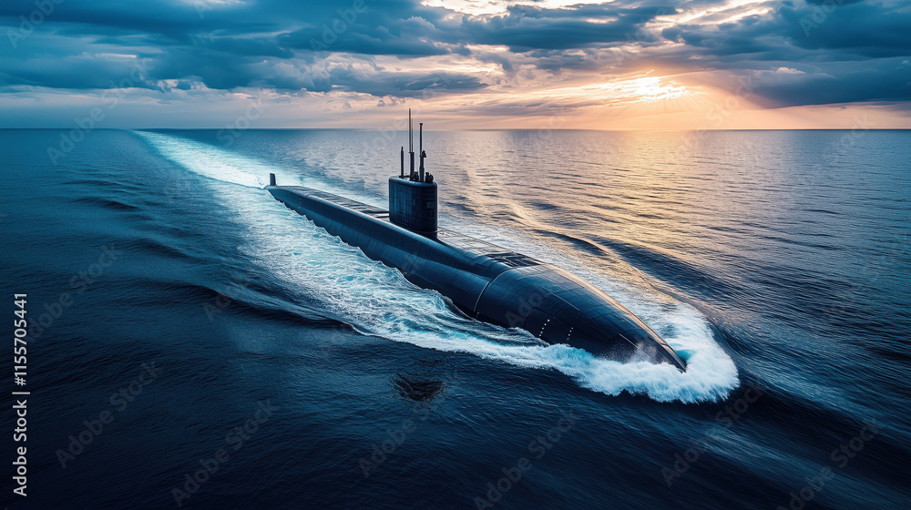 Fototapeta premium Nuclear submarine navigating ocean waters at sunset