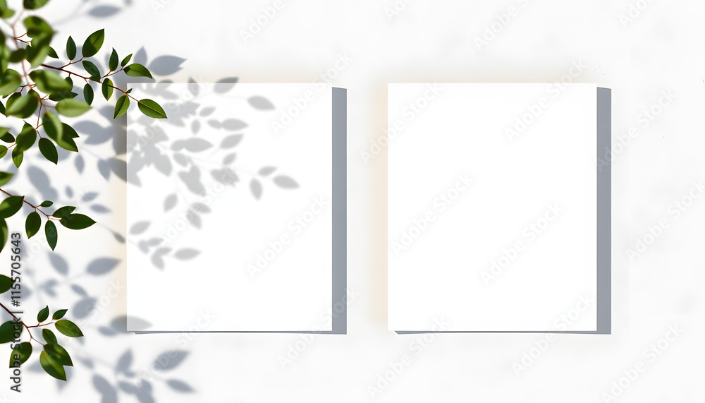 Two empty white vertical rectangle poster or card mockups with soft tree leaves shadows on neutral light grey concrete wall background. Flat lay, top view, flat design. isolated with white shades Two empty white vertical rectangle poster or card mockups with soft tree leaves shadows on neutral light grey concrete wall background. Flat lay, top view, flat design. isolated with white shades