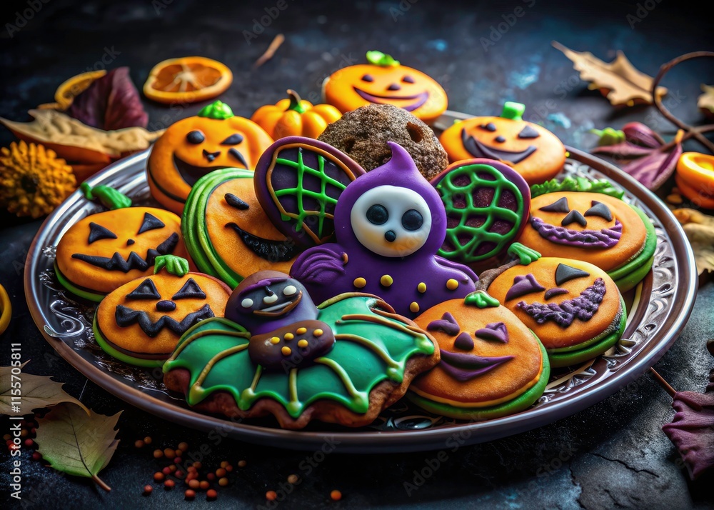 Fototapeta premium Spooky Halloween cookies, festively baked, create a surreal autumn scene; eerie magic on every plate.