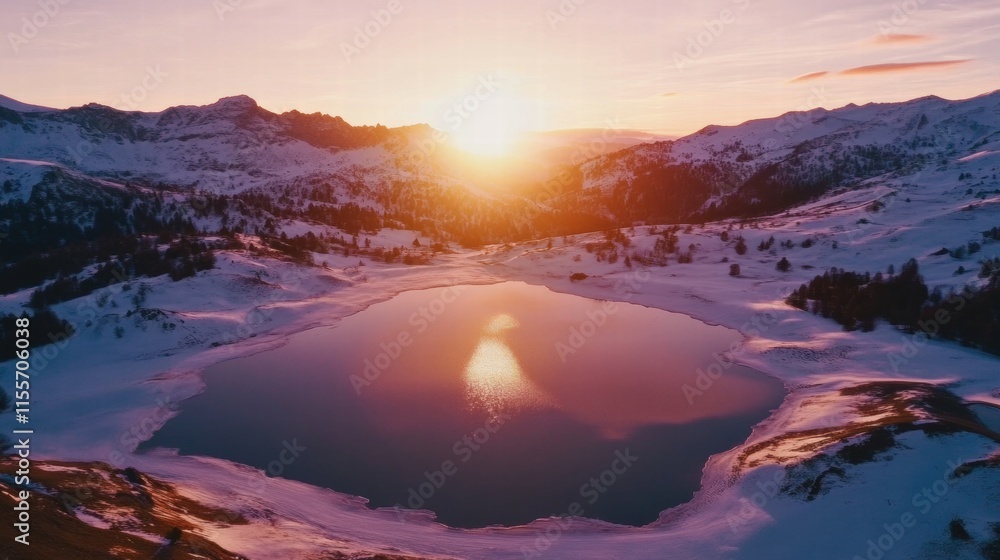 Fototapeta premium Alpine Sunset Serenity: Aerial view of a serene mountain lake at sunset, snow-capped peaks reflecting in the still waters, bathed in the warm golden light. 