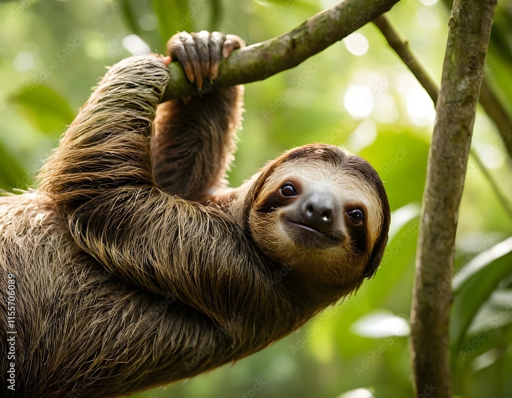 Funny sloth hanging on the branch of tree looking into the camera closeup shot Funny sloth hanging on the branch of tree looking into the camera closeup shot