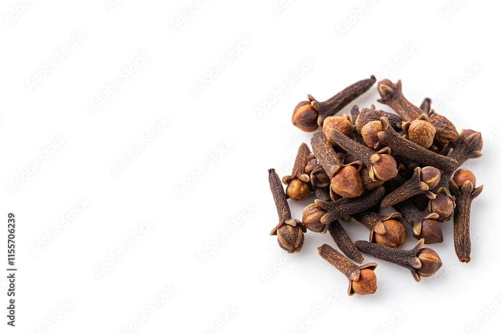 Aromatic Dried Cloves Placed Right Side on White Background with Copy Space - Versatile Spice and Natural Remedy Aromatic Dried Cloves Placed Right Side on White Background with Copy Space - Versatile Spice and Natural Remedy