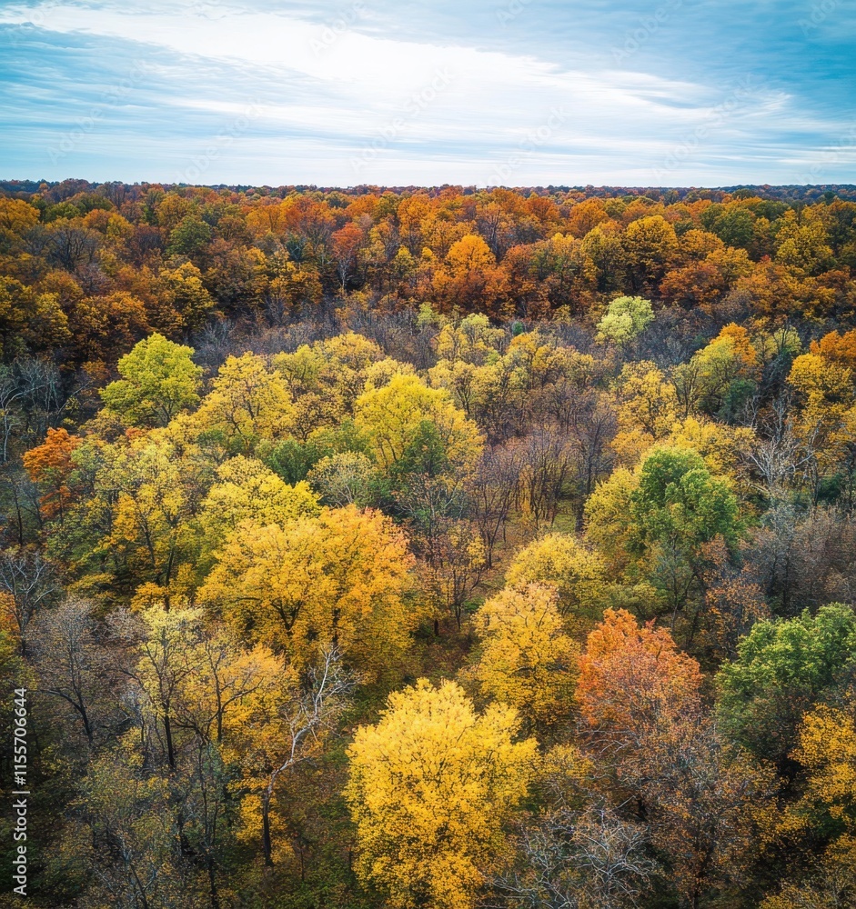 Naklejka premium Vibrant Autumn Landscape with Colorful Foliage Showcasing Various Shades of Yellow, Orange, and Green Among Tall Trees Under a Cloudy Sky