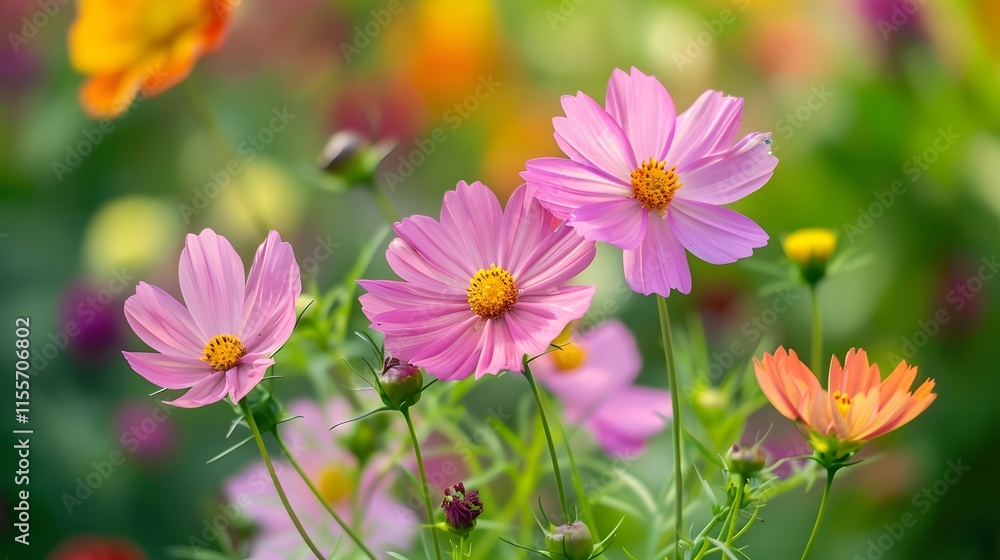 Vibrant Cosmos Flowers Blooming in a Colorful Garden Landscape Vibrant Cosmos Flowers Blooming in a Colorful Garden Landscape