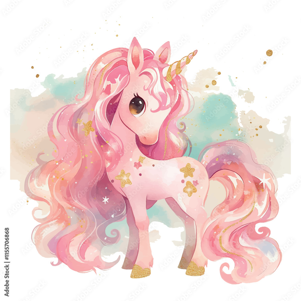 A unicorn with a star on its back stands in front of a white background. The unicorn is pink and has a long, curly mane. The star on its back is gold and shines brightly A unicorn with a star on its back stands in front of a white background. The unicorn is pink and has a long, curly mane. The star on its back is gold and shines brightly
