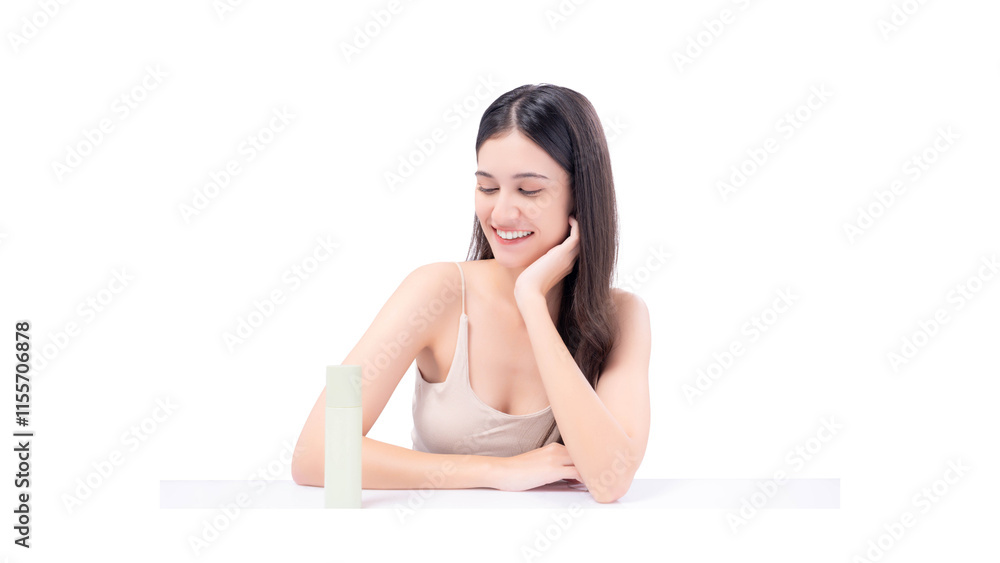A serene woman with a radiant smile sitting beside a skincare product, showcasing natural beauty and self-care on a minimalist white background. A serene woman with a radiant smile sitting beside a skincare product, showcasing natural beauty and self-care on a minimalist white background.
