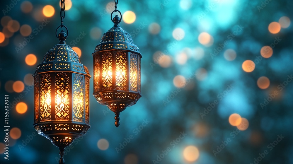Beautifully lit ornate hanging lanterns set against a blurred background with warm yellow lights. Beautifully lit ornate hanging lanterns set against a blurred background with warm yellow lights.