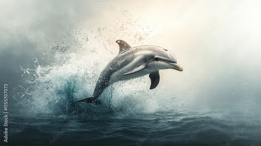 Fototapeta premium playful dolphin leaps out of ocean, creating splashes of water in serene atmosphere