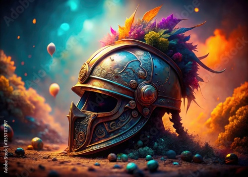 Surreal Murmillo helmet. Ancient Roman warrior in a fantasy dreamscape.  Ethereal photography. photo