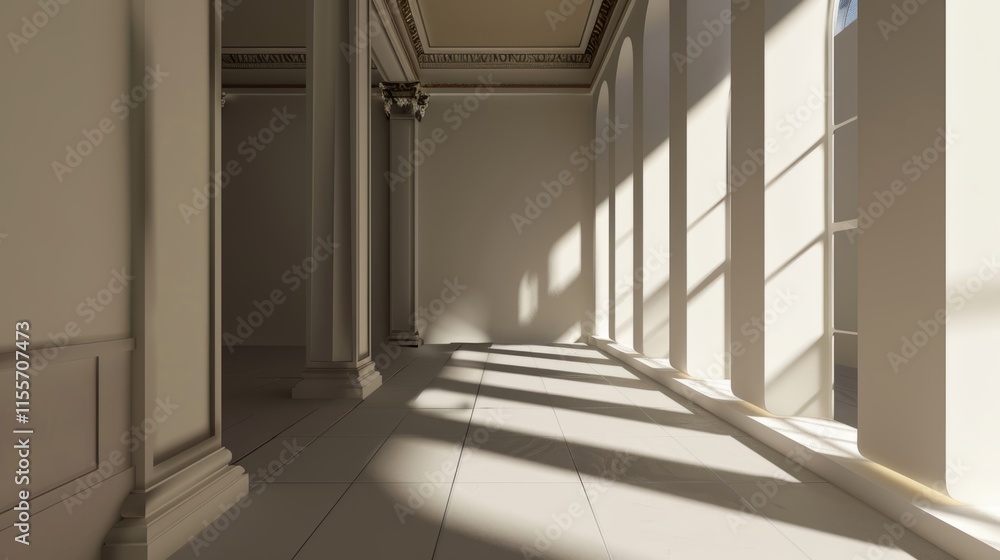 Obraz premium Sunlight filters through tall windows in an elegant interior space with classical columns and minimalist design during afternoon hours