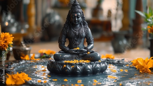 Shiva Statue Sitting on a Lotus Flower in a Fountain. photo